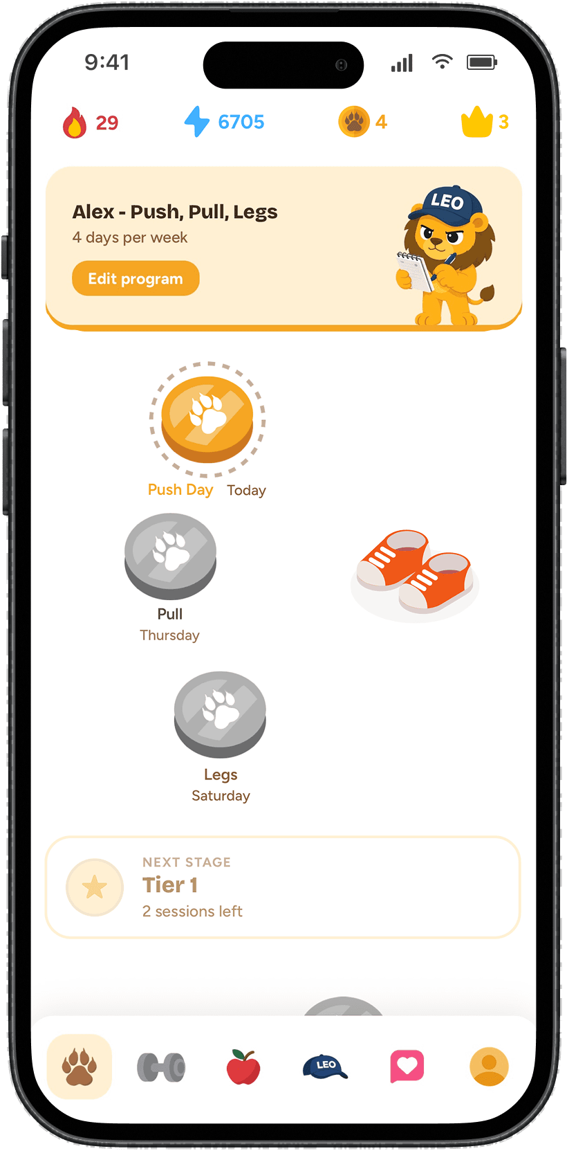 fitleo app screens: gamified path, chat with Leo and workout tracking