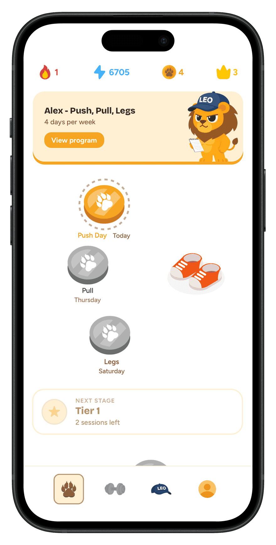 fitleo app screens: gamified path, chat with Leo and workout tracking