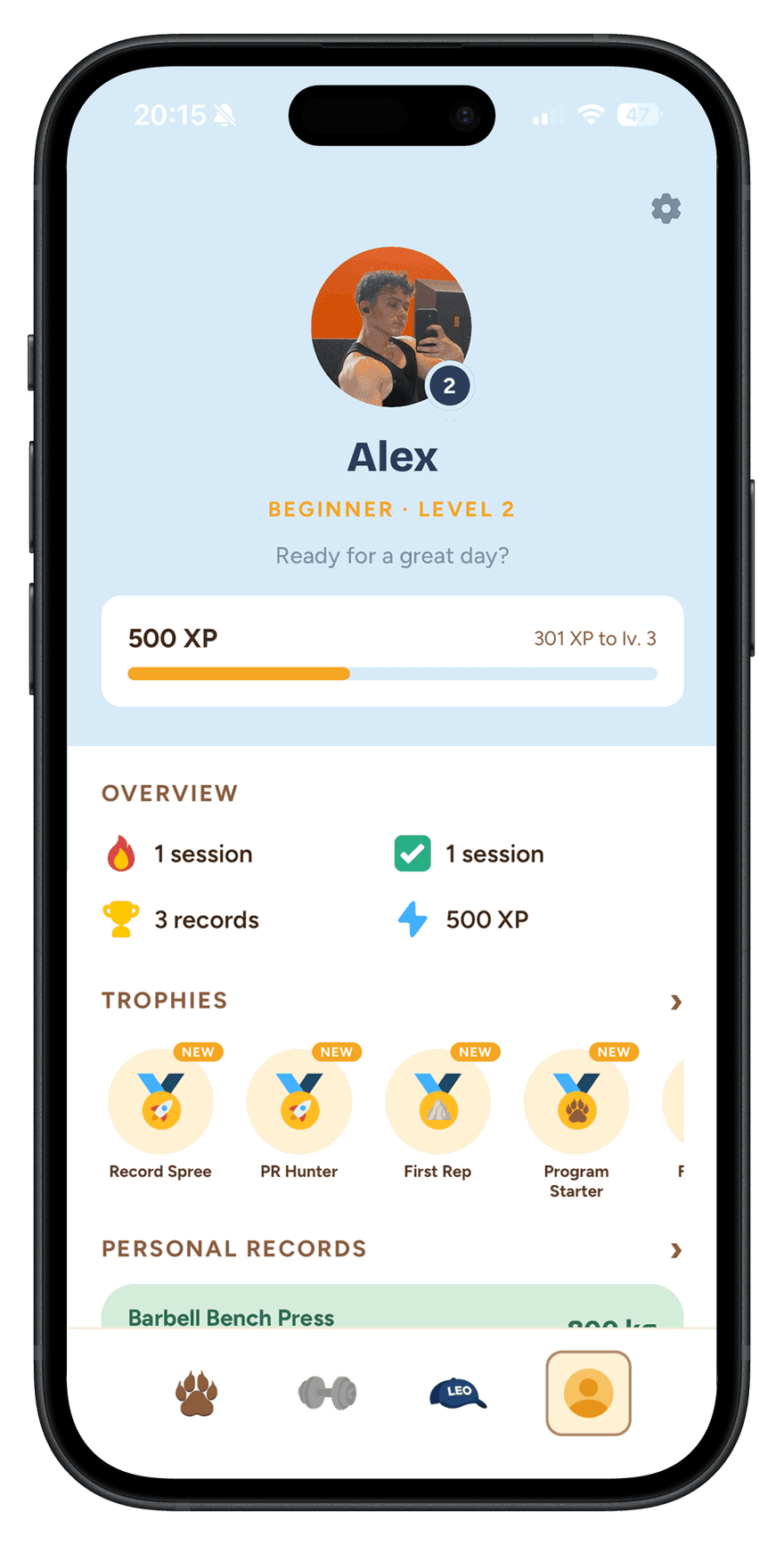 fitleo profile with XP, level and trophies